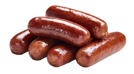 A pile of cooked sausages with a glossy sheen on a isolated on transparent background