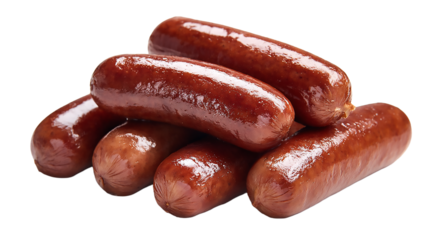 A pile of cooked sausages with a glossy sheen on a isolated on transparent background