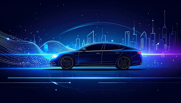 Sleek blue car with a modern skyline background and abstract neon lines creates a futuristic, digital feel