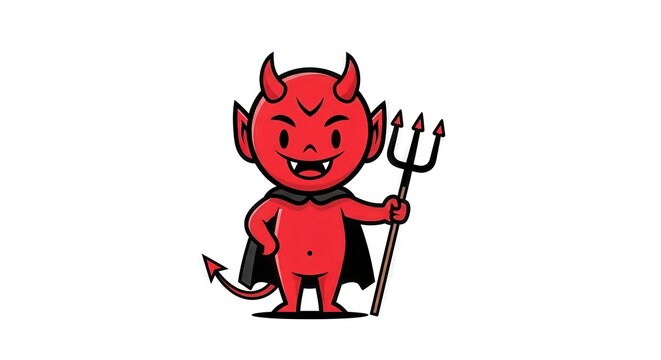 Charming devil cartoon character with a mischievous expression and trident pose