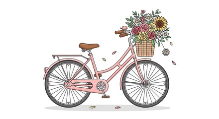 Fototapeta premium Charming pink bicycle adorned with a basket overflowing with colorful and fragrant blossoms