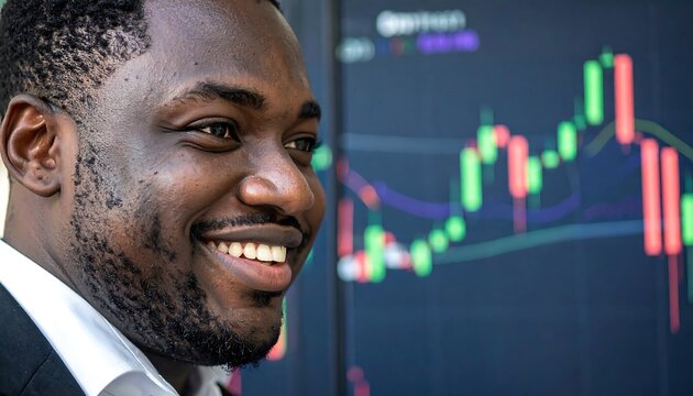 Smiling dark-skinned man in suit looking at stock graph screen. Financial markets in the background