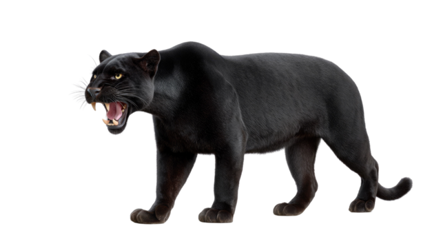 Black Panther: Majestic and powerful, a sleek black panther stands, revealing its sharp teeth and commanding presence in a dynamic pose.