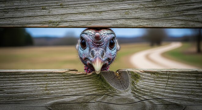 Curious turkey peeking through a rustic wooden fence on a farm