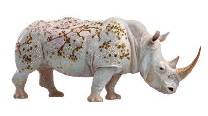 Rhino in Bloom: A majestic rhinoceros adorned with floral patterns, symbolizing nature's beauty and the harmonious coexistence of life. 