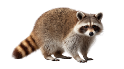 Playful Raccoon's Portrait: Captivating close-up of a masked raccoon, showcasing its captivating gaze and distinctive ringed tail, portraying a blend of curiosity and natural charm.