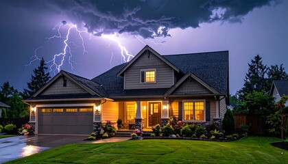 Suburban home illuminated against a dramatic, stormy sky with lightning strikes, lush green lawn, and warm lighting