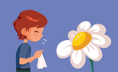 Child Sneezing Allergic to Pollen Vector Illustration. Little kid having problems during allergy season
