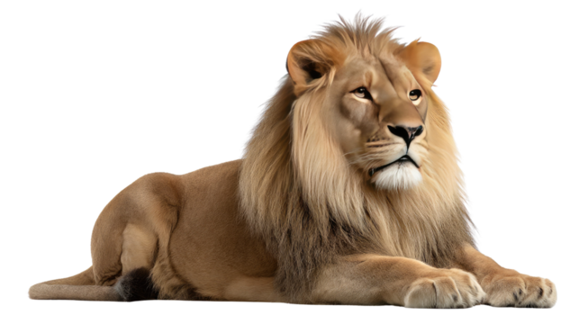 Majestic Lion's Rest: A magnificent lion, with a flowing mane and piercing gaze, reclines regally. A symbol of strength and serenity.