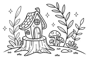 An enchanted forest clearing with a detailed fairy house on a tree stump, surrounded by glowing mushrooms, magical vines, and sparkling leaves, line art, coloring page, clean black outline, white back