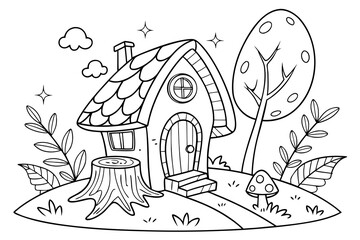 An enchanted forest clearing with a detailed fairy house on a tree stump, surrounded by glowing mushrooms, magical vines, and sparkling leaves, line art, coloring page, clean black outline, white back
