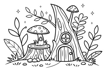 An enchanted forest clearing with a detailed fairy house on a tree stump, surrounded by glowing mushrooms, magical vines, and sparkling leaves, line art, coloring page, clean black outline, white back