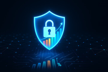 Cybersecurity analytics illustration with glowing shield padlock and colorful bar chart representing secure business growth