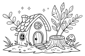 An enchanted forest clearing with a detailed fairy house on a tree stump, surrounded by glowing mushrooms, magical vines, and sparkling leaves, line art, coloring page, clean black outline, white back