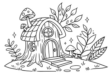 An enchanted forest clearing with a detailed fairy house on a tree stump, surrounded by glowing mushrooms, magical vines, and sparkling leaves, line art, coloring page, clean black outline, white back