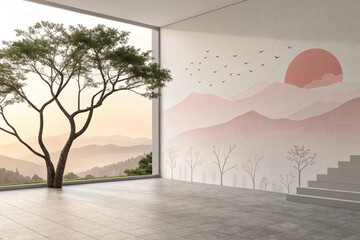 Serene Interior with Mountain Mural and Natural Light A Peaceful Haven