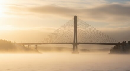 Obraz premium Modern Cable-stayed Bridge Over Water Surrounded by Mist During Sunrise with Soft Light and Calm Atmosphere