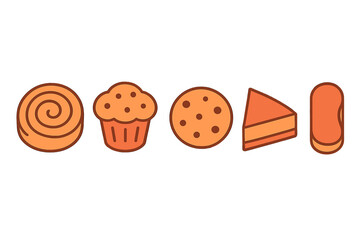 Sweet baked goods set including muffin, cookie, cinnamon roll, cake slice, and biscuit