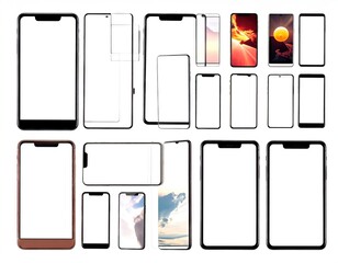 Group of Different Sized Smartphones with White and Illustrative Screens Displayed on White Backdrop Aesthetic Composition Stock Photo