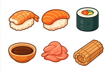 Japanese sushi set with nigiri, maki roll, soy sauce, and pickled ginger side dishes © icon_art