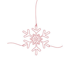 Red snowflake one line art vector icon,  minimalist continuous line christmas hanging decoration.
