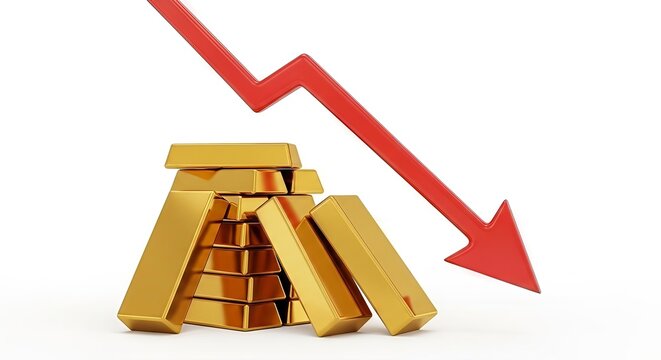 Depiction of economic recession and financial crisis with falling gold prices  and market downturn