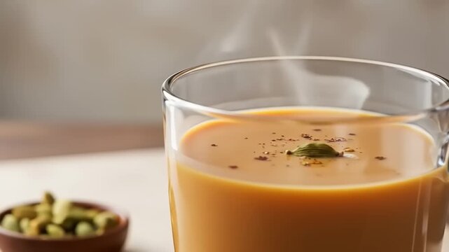 Steaming cup of chai tea with spices on table