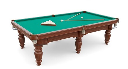 Detailed view of a billiards table with arranged balls and cues on a green felt surface