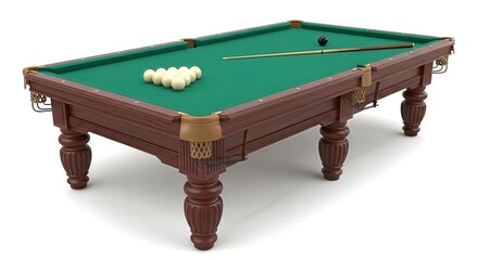 Detailed rendering of a billiards table with arranged balls and cue stick prepared for a game