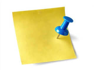 Yellow sticky note with a blue push pin isolated on white background