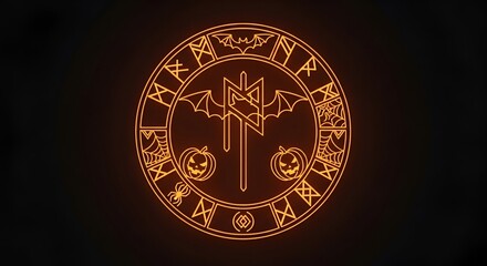 Get spooky with this Halloween rune circle featuring bats, pumpkins, and spiderwebs perfect for designs