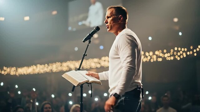 Male speaker delivering sermon to religious congregation with illuminated cross and raised hands, a modern worship event footage