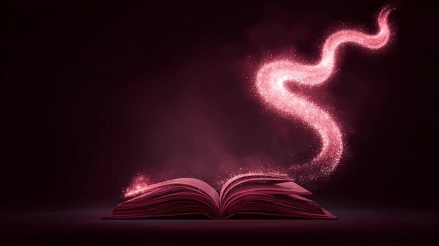 An open book illuminated with glowing particles emanating from its pages in a dark space