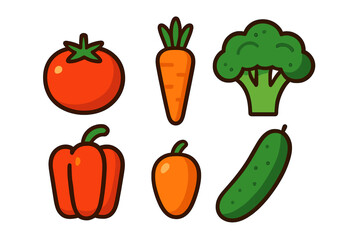 Colorful fresh produce icons set featuring tomato, carrot, broccoli, bell pepper, and cucumber