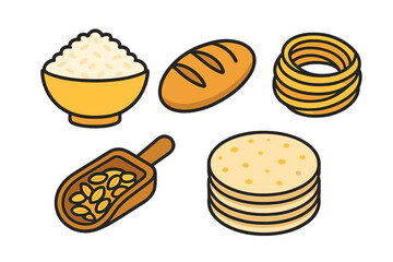 Collection of essential staple carbohydrate foods including rice, bread, pasta, and grains