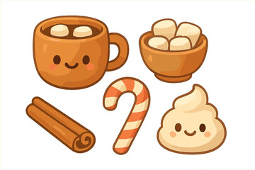 Kawaii style winter dessert and beverage set with hot chocolate, marshmallows, and candy cane