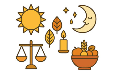 Autumnal harvest symbols set featuring sun, moon, leaves, candle, scales, and fruit bowl
