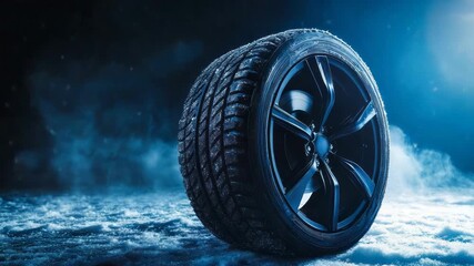 winter tires sale, special offer banner. winter tire and alloy wheel on dark blue background with steam. driving safety in winter seasonal tire change. Copy space. protection. Tire service advertising