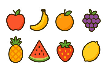 Set of eight colorful cartoon fruit icons: apple, banana, orange, grape, pineapple, watermelon, strawberry, and lemon