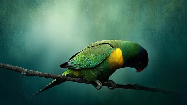 Vibrant rainbow lorikeet perched on branch against textured emerald background