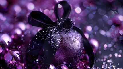 Fototapeta premium Elegant Gothic Gift Box Wrapped in Black Ribbon with Purple Sparkle Background