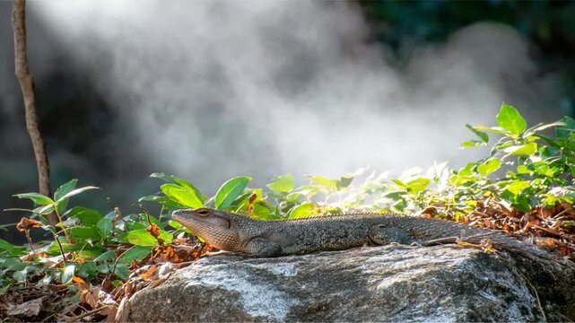 A lizard rests on a rock surrounded by green foliage basking in sunlight outdoors