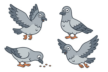 Cute cartoon pigeons set in different poses flying standing and feeding isolated on white