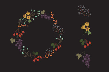 Autumn floral wreath with berries and yellow flowers, hand drawn botanical illustration on dark background, elegant fall design for invitations and cards