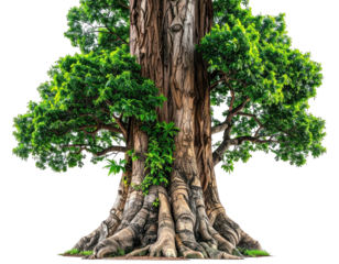 Majestic, weathered tree with sprawling green foliage and thick trunk