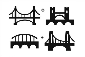 Four different black silhouette bridge designs showing various architectural structures