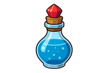 Magical blue potion bottle with red crystal stopper for fantasy game assets