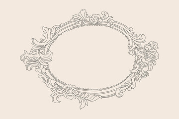 Elegant vintage oval frame with floral ornaments, decorative hand drawn border illustration for invitations, cards, and luxury branding design