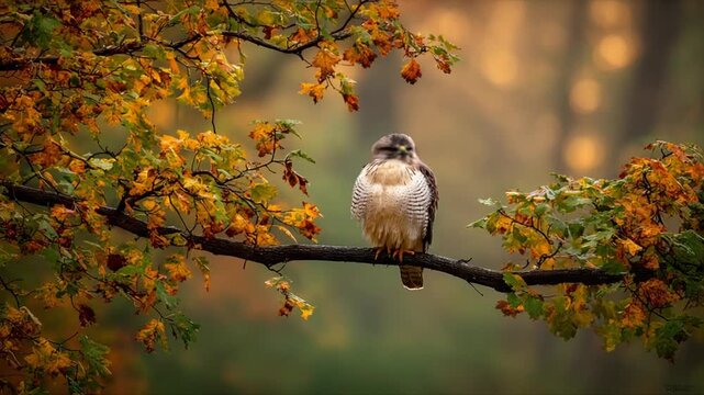 A close up view of a hawk perched on a branch framed by autumnal foliage