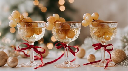 Twelve grapes in the glasses. Christmas tree background. Traditional Spanish twelve grape berries to eat for good luck at midnight. New Year's Eve